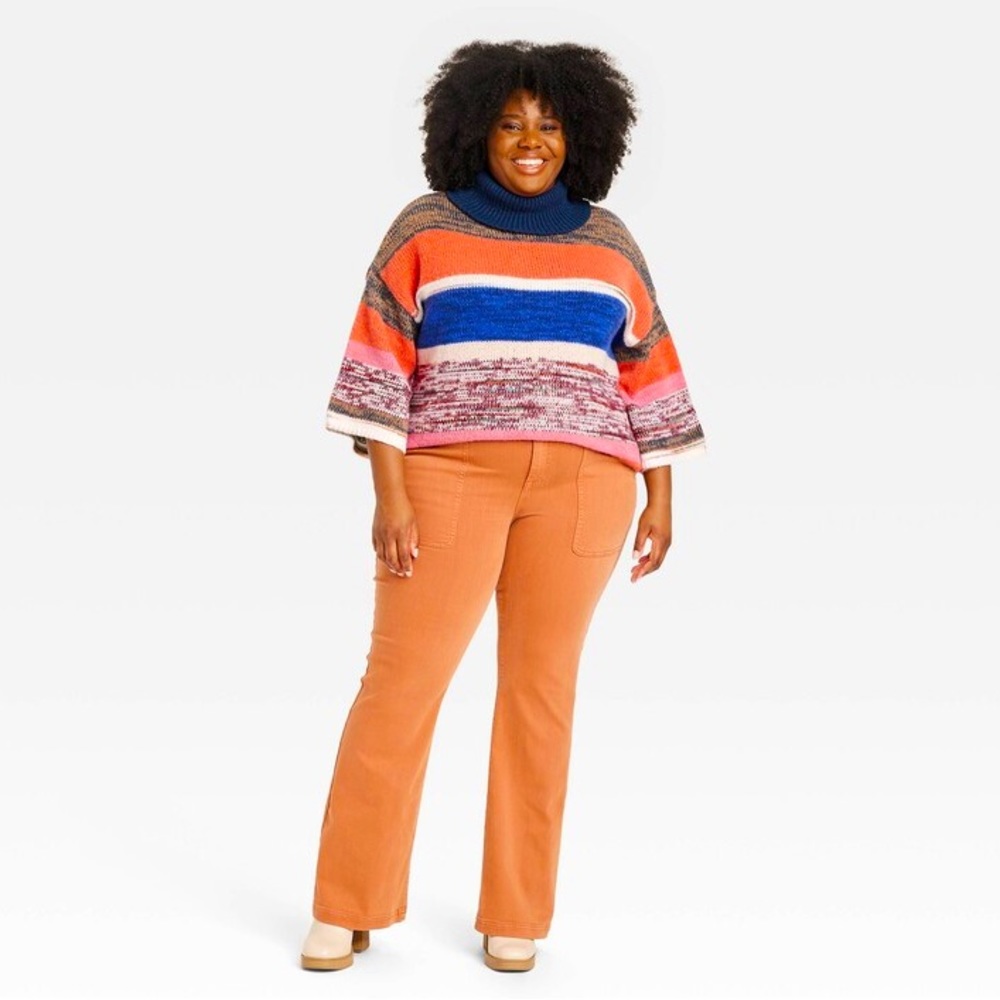 KNOX ROSE™ Cozy Colorful Striped Knit Turtleneck Sweater w 3/4 length Sleeves - Picture 5 of 8